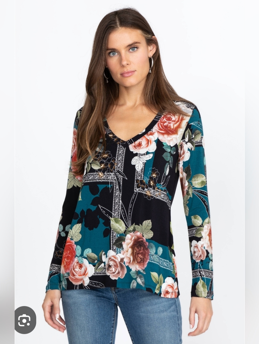 Johnny Was Teal, Black and Coral Floral V-Neck Long Sleeve Top